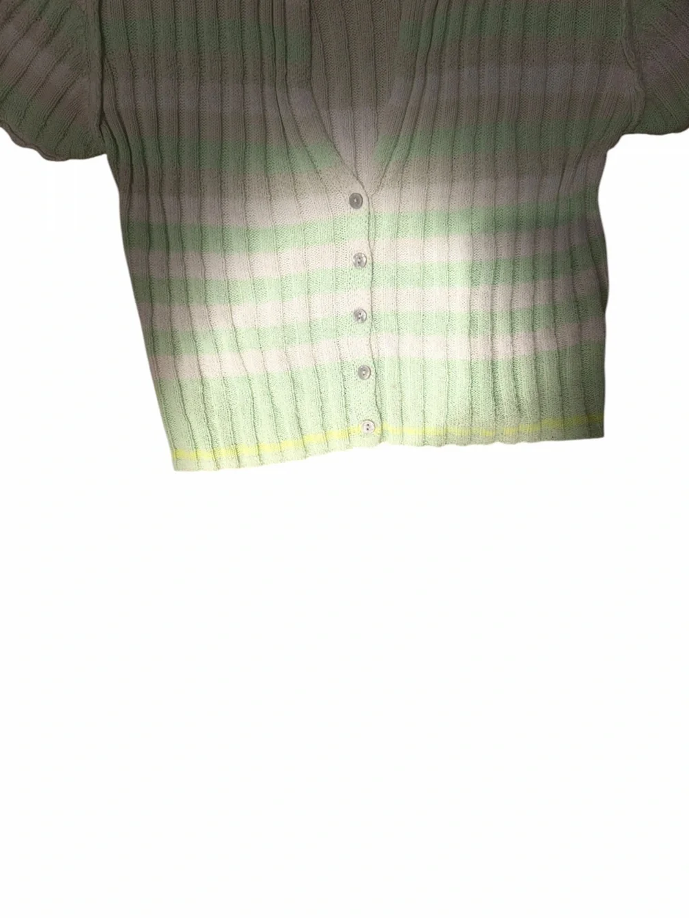 Free People Mint Green and Cream Striped Short-Sleeve Ribbed Cardigan